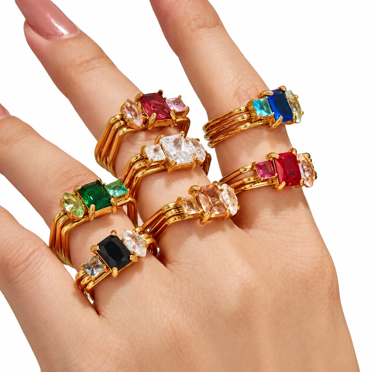 Open Ring, Triple-Band Square CZ, 18K Gold-Plated 316 Stainless Steel