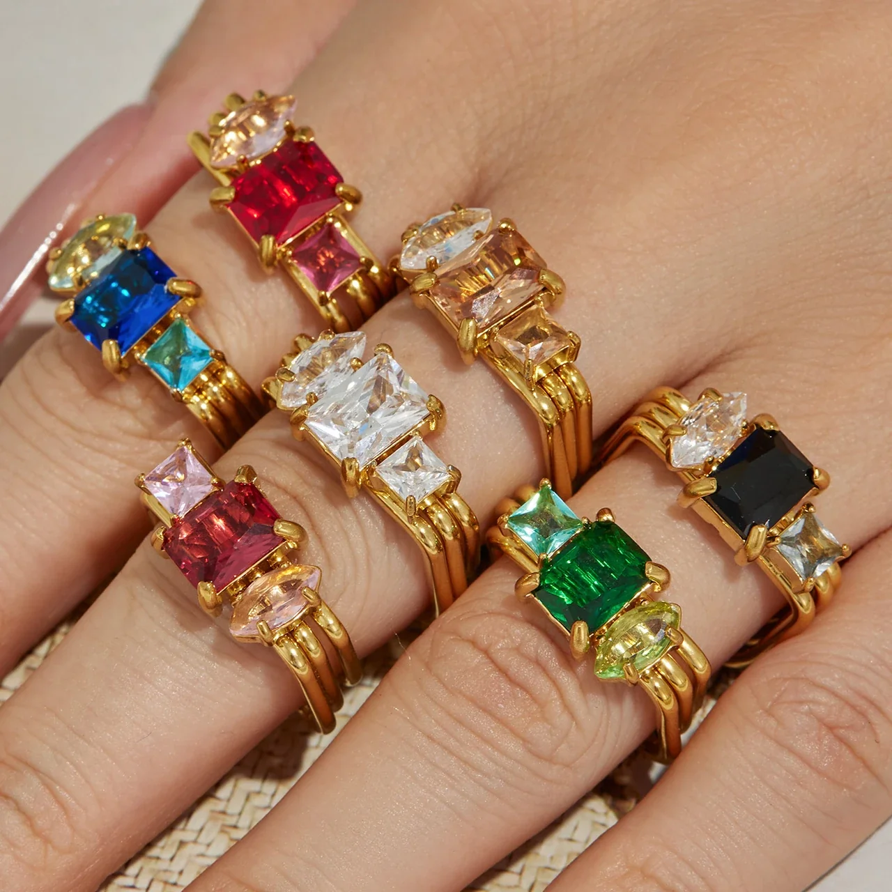 Open Ring, Triple-Band Square CZ, 18K Gold-Plated 316 Stainless Steel