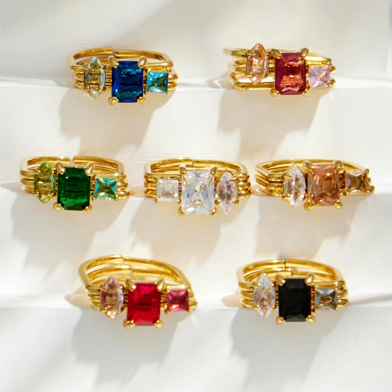 Open Ring, Triple-Band Square CZ, 18K Gold-Plated 316 Stainless Steel