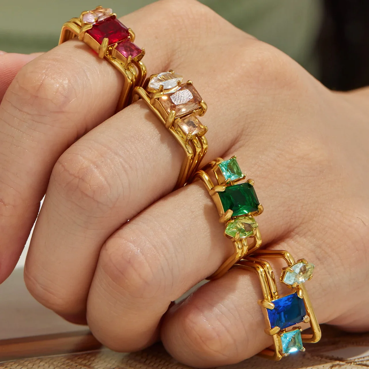 Open Ring, Triple-Band Square CZ, 18K Gold-Plated 316 Stainless Steel