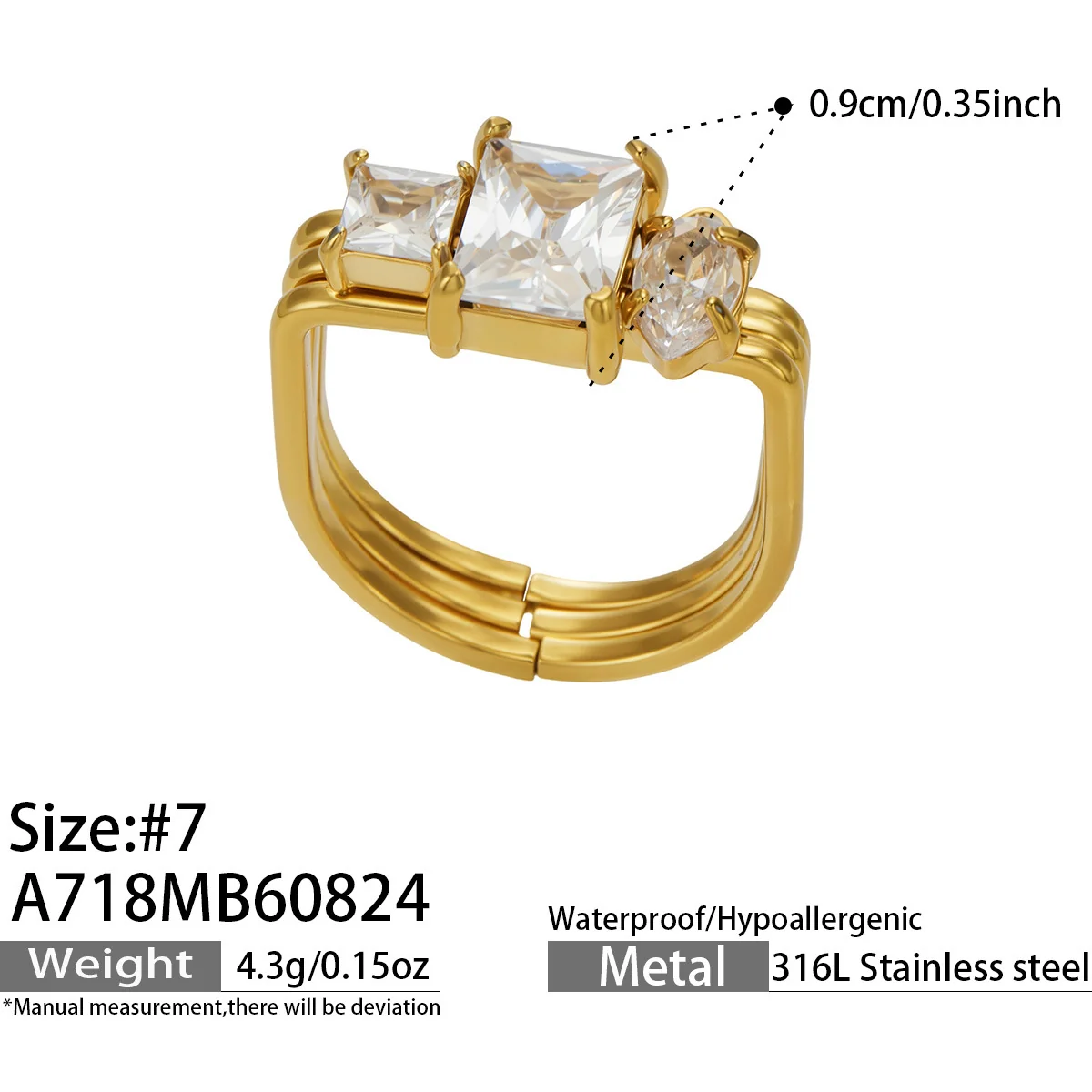 Open Ring, Triple-Band Square CZ, 18K Gold-Plated 316 Stainless Steel - Dimensions