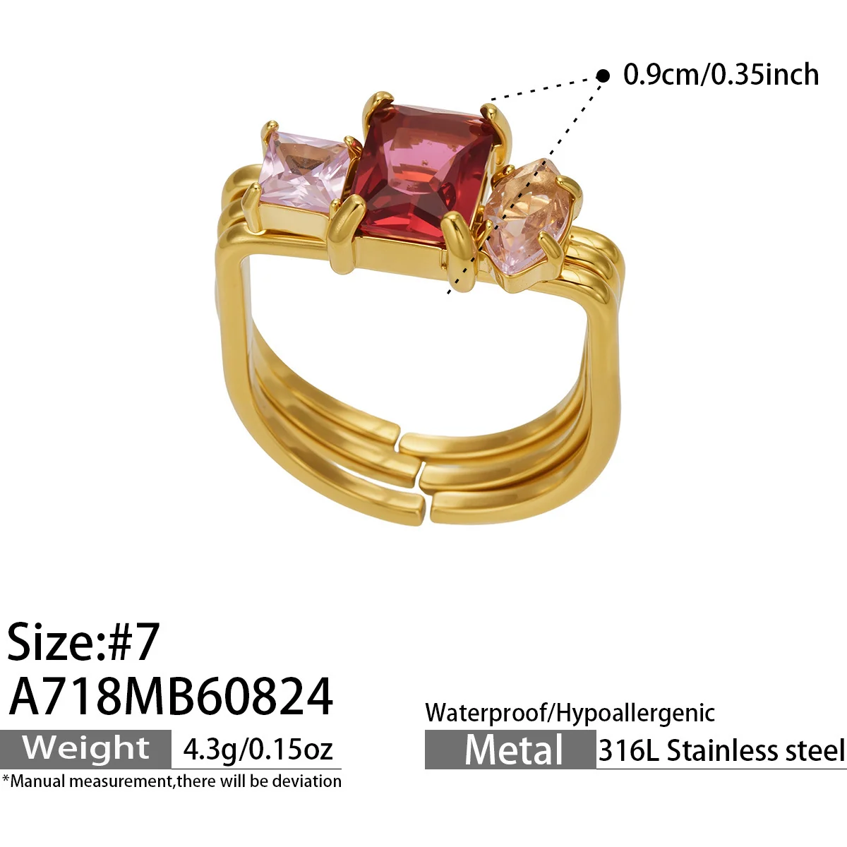 Open Ring, Triple-Band Square CZ, 18K Gold-Plated 316 Stainless Steel - Dimensions