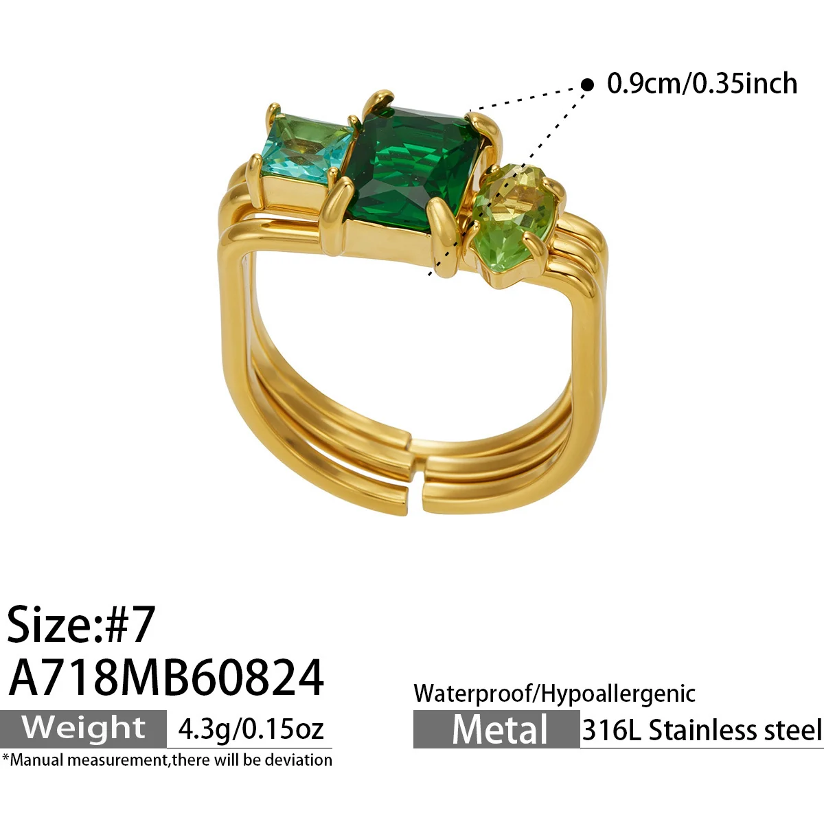 Open Ring, Triple-Band Square CZ, 18K Gold-Plated 316 Stainless Steel - Dimensions