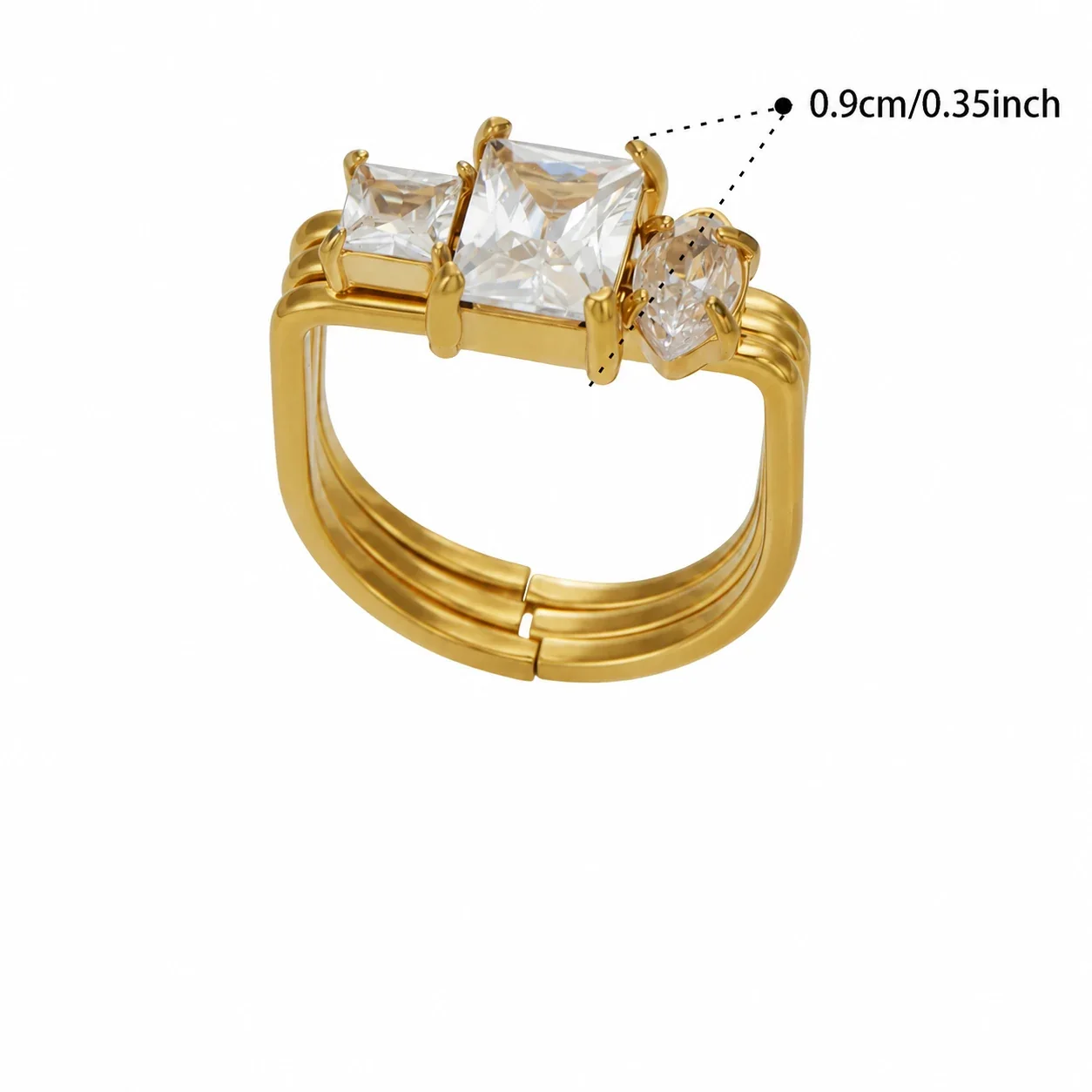 Open Ring, Triple-Band Square CZ, 18K Gold-Plated 316 Stainless Steel - Gold White Cubic Zirconia