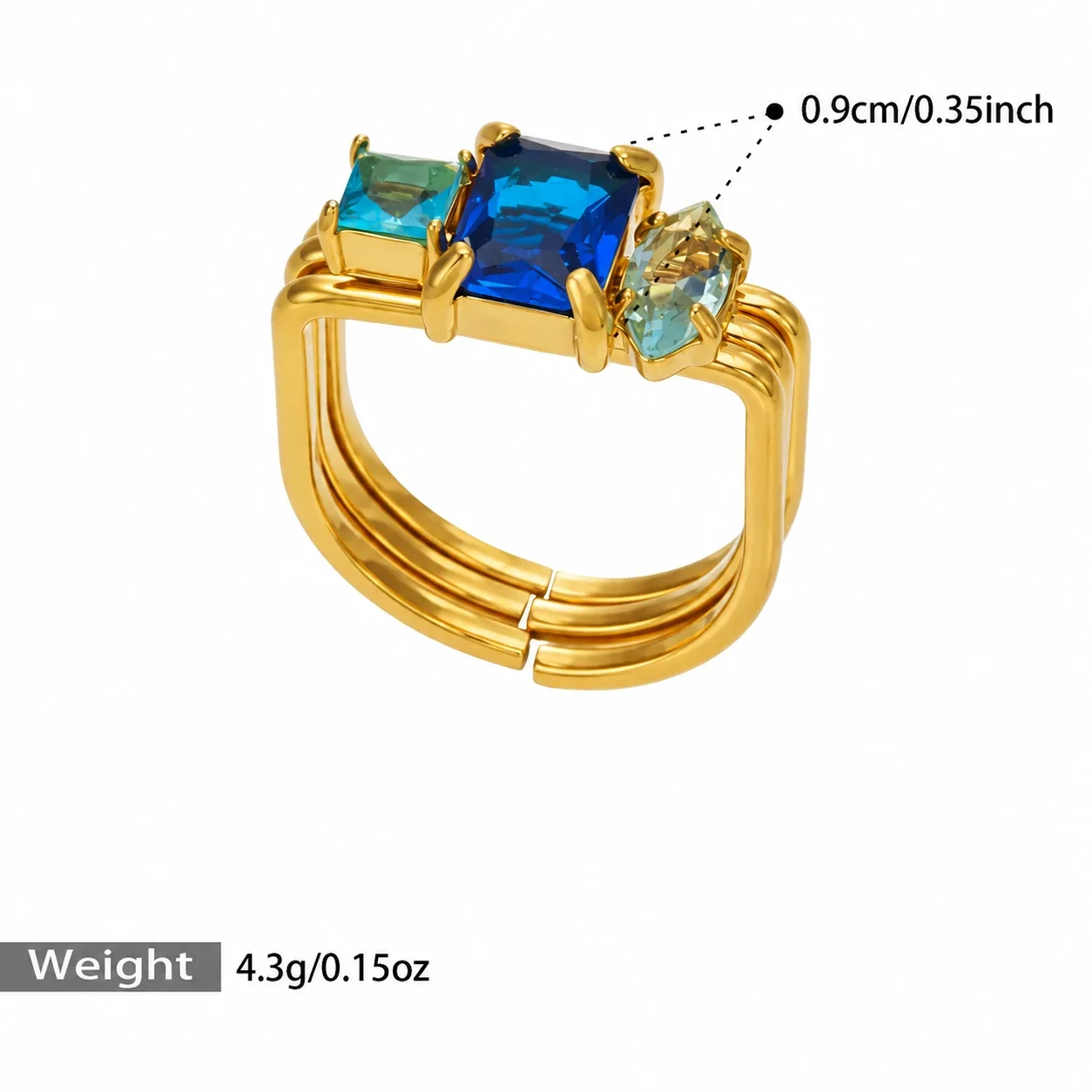 Open Ring, Triple-Band Square CZ, 18K Gold-Plated 316 Stainless Steel - Gold Blue Cubic Zirconia
