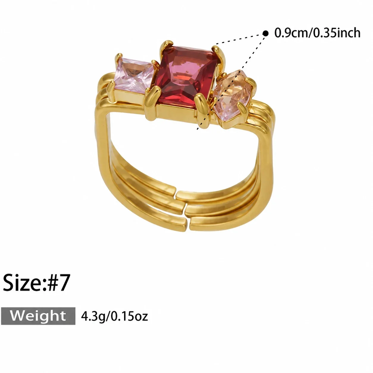 Open Ring, Triple-Band Square CZ, 18K Gold-Plated 316 Stainless Steel - Gold Pink Cubic Zirconia