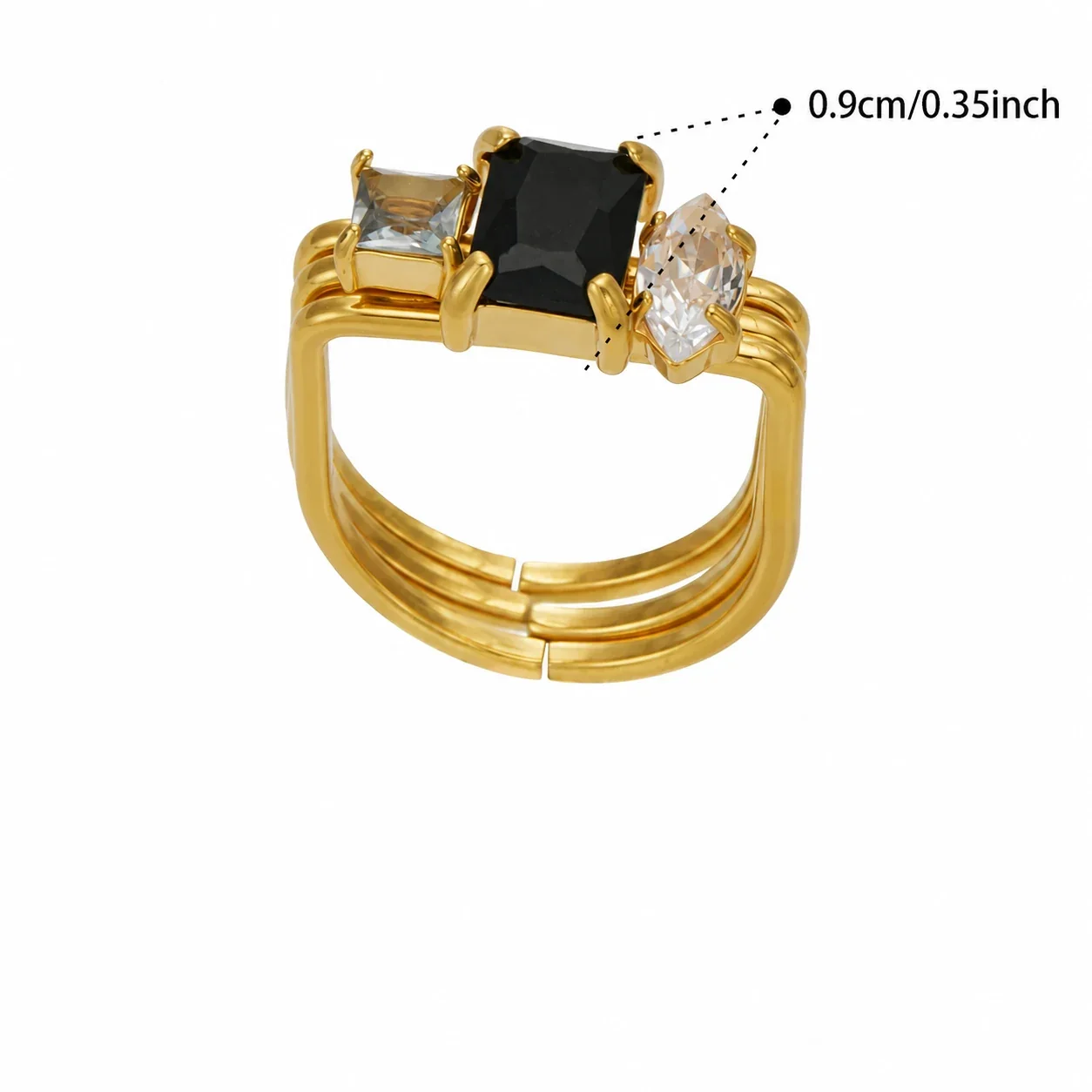 Open Ring, Triple-Band Square CZ, 18K Gold-Plated 316 Stainless Steel - Gold Black Cubic Zirconia