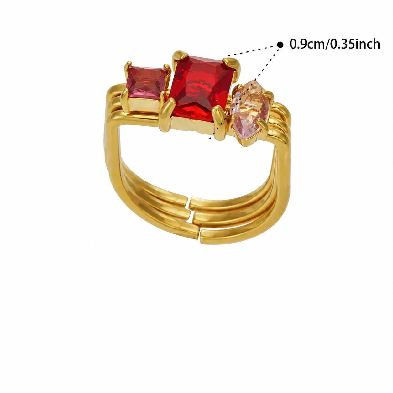 Open Ring, Triple-Band Square CZ, 18K Gold-Plated 316 Stainless Steel - Gold Red Cubic Zirconia