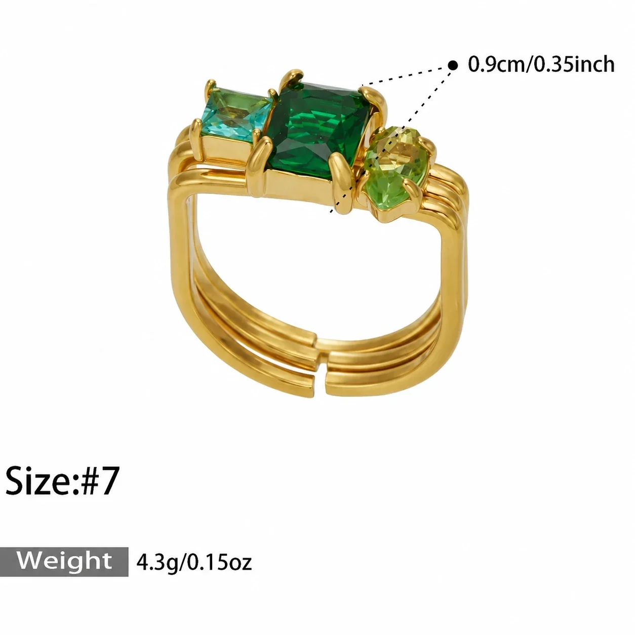 Open Ring, Triple-Band Square CZ, 18K Gold-Plated 316 Stainless Steel - Gold Green Cubic Zirconia