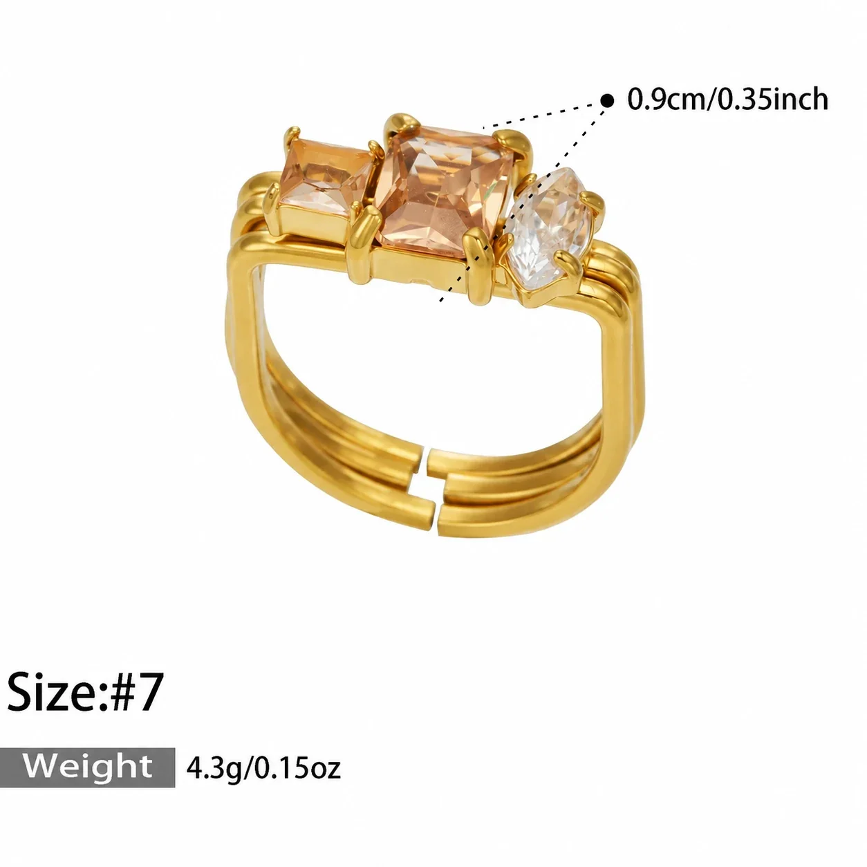Open Ring, Triple-Band Square CZ, 18K Gold-Plated 316 Stainless Steel - Gold Champagne Cubic Zirconia