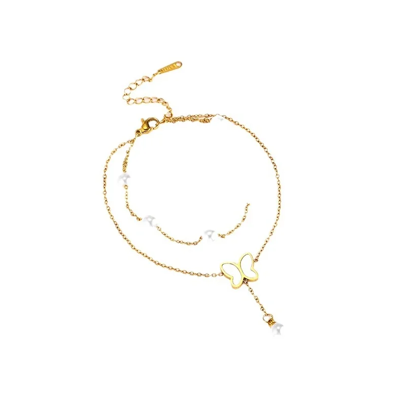 Anklet: Butterfly Pearl Double-Layer Gold-Tone Stainless Steel