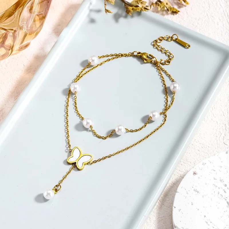 Anklet: Butterfly Pearl Double-Layer Gold-Tone Stainless Steel
