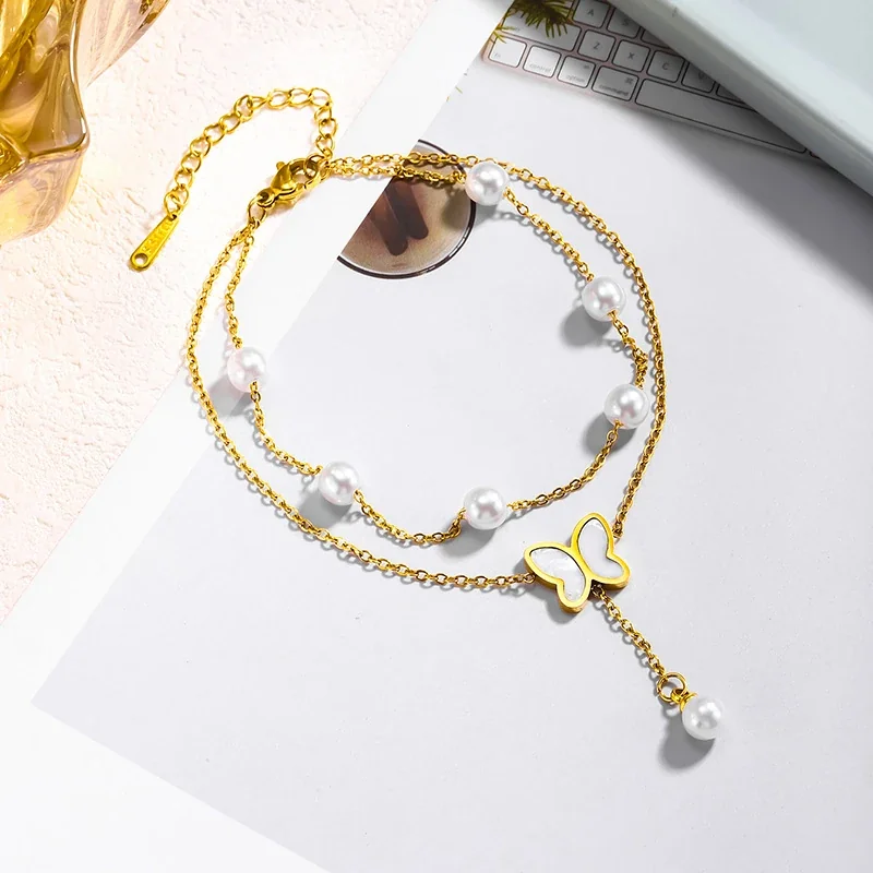 Anklet: Butterfly Pearl Double-Layer Gold-Tone Stainless Steel