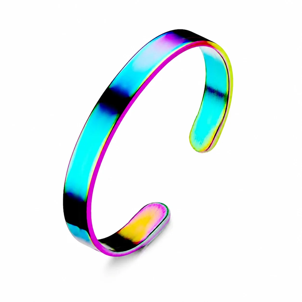 Minimal Stainless Steel Open C Flat Band Cuff Bracelet - 8 mm Rainbow