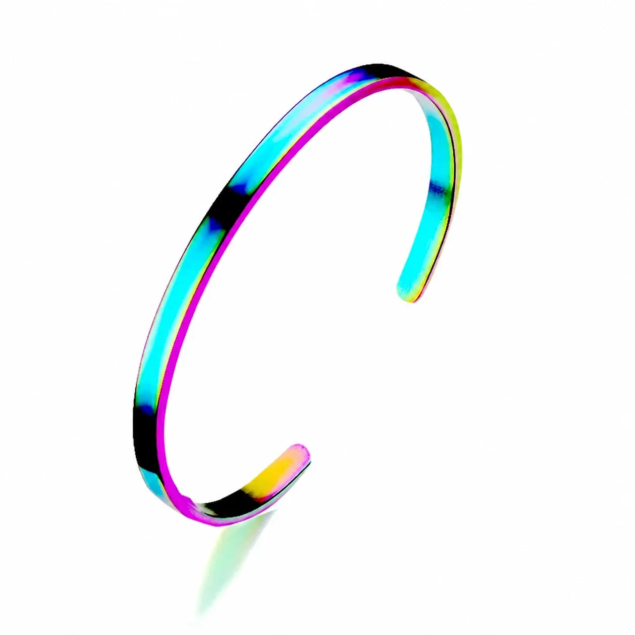 Minimal Stainless Steel Open C Flat Band Cuff Bracelet - 4 mm Rainbow