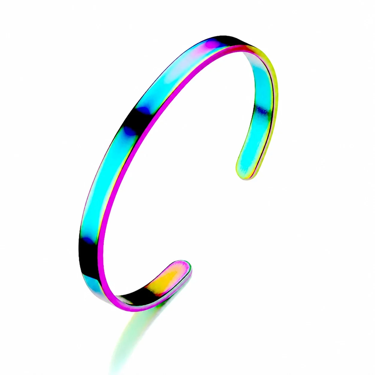 Minimal Stainless Steel Open C Flat Band Cuff Bracelet - 6 mm Rainbow