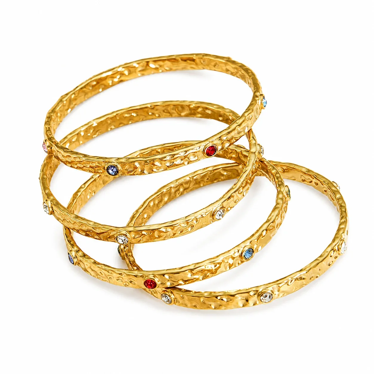 Hammered 18K Gold PVD 316L Stainless Steel Round CZ Bangle Bracelet