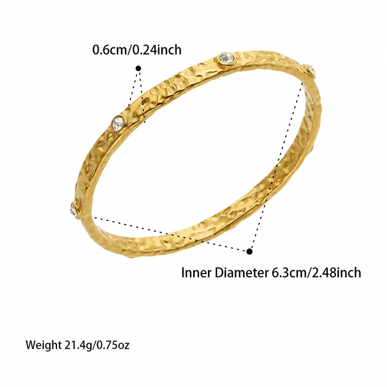 Hammered 18K Gold-Plated 316L Round CZ Bangle Bracelet - Gold White Cubic Zirconia
