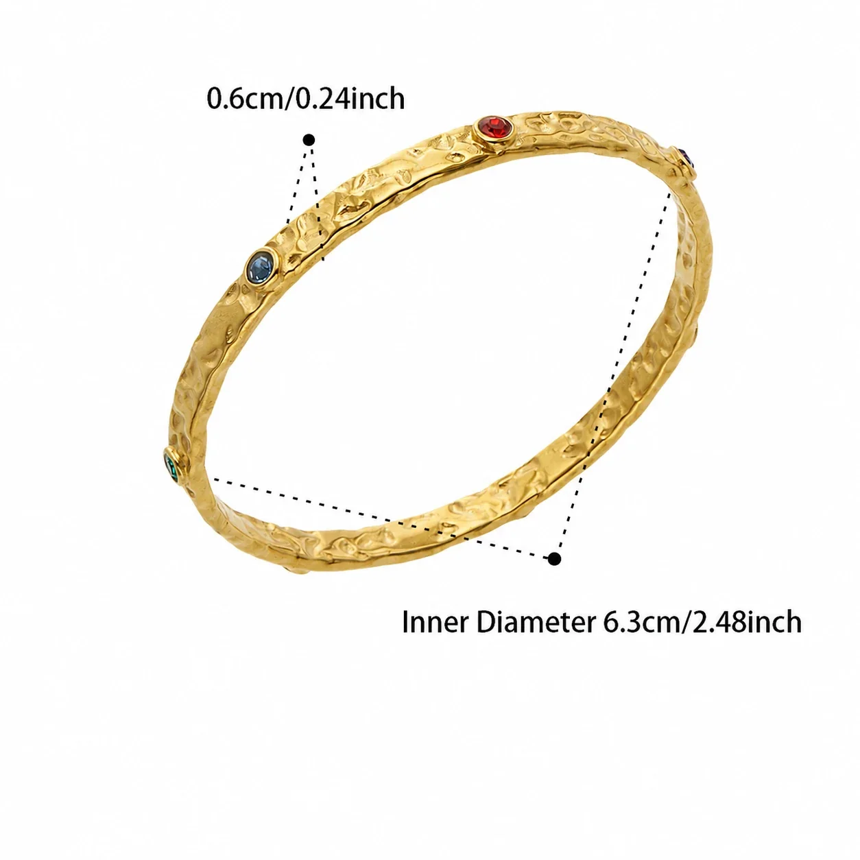 Hammered 18K Gold-Plated 316L Round CZ Bangle Bracelet - Gold Multicolor Cubic Zirconia