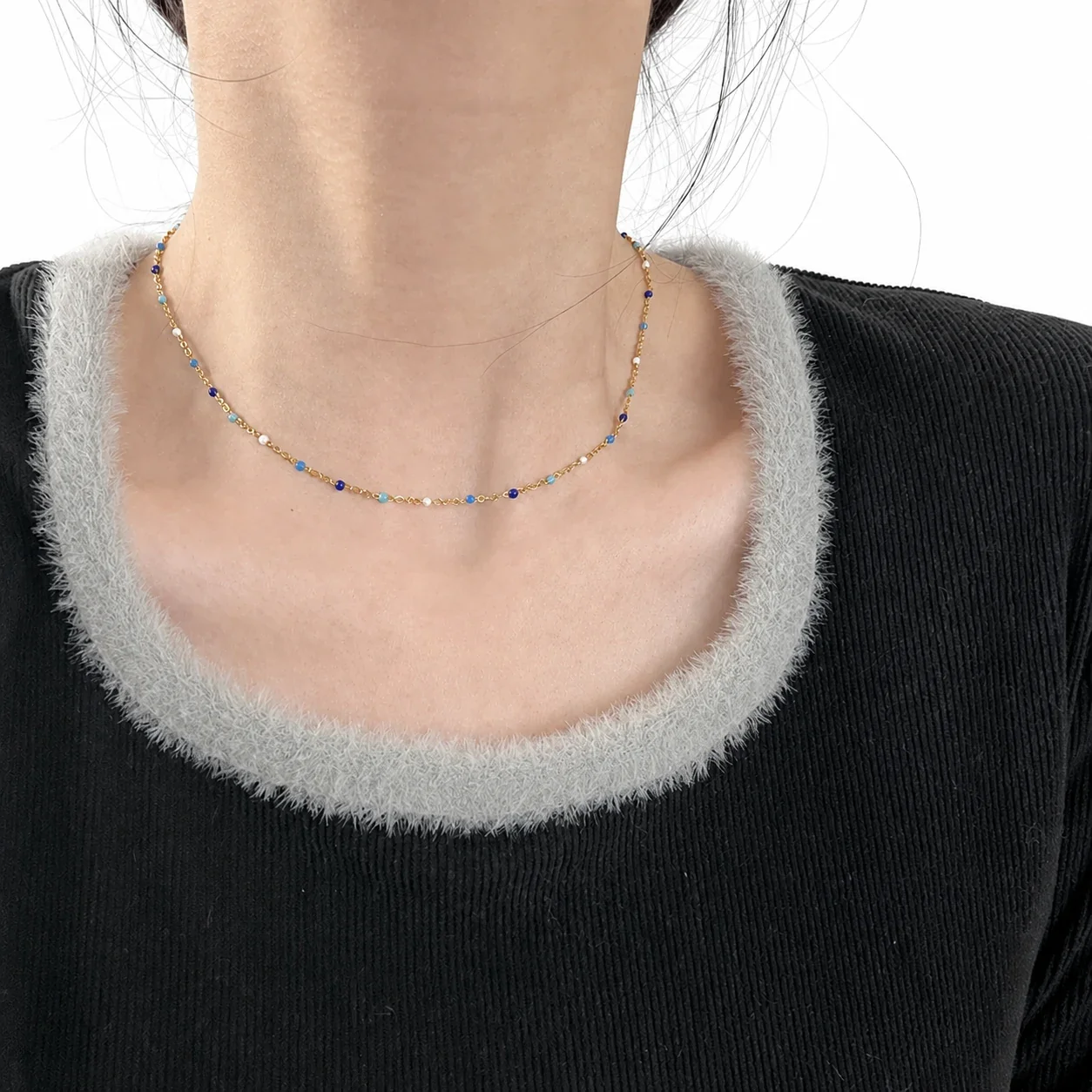 Delicate Gold-Plated Beaded Station Chain Necklace