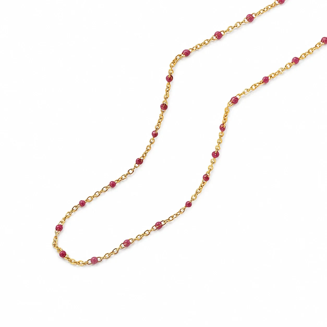 Delicate Gold-Plated Beaded Station Chain Necklace - Cranberry Red