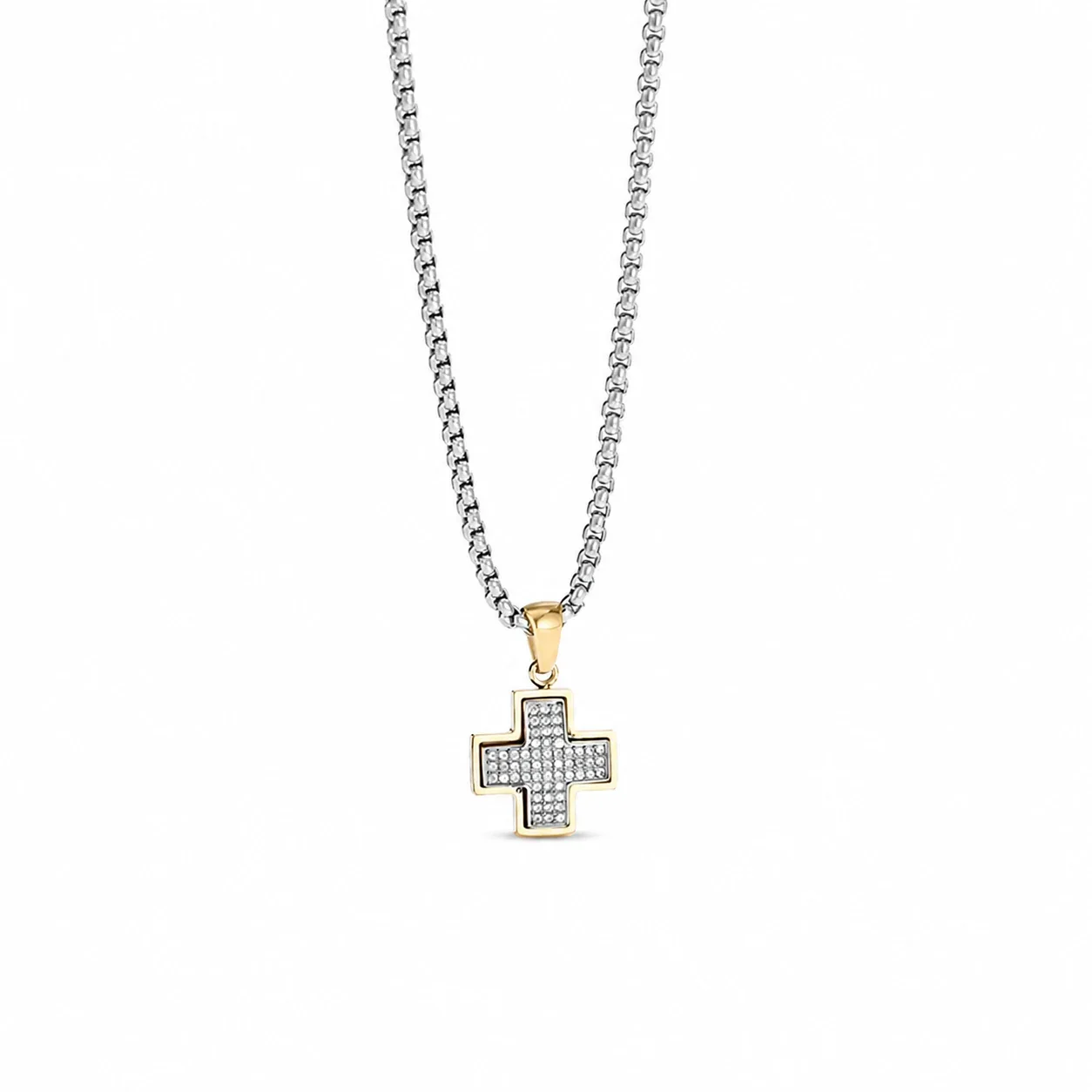 Pavé Geometric Cross Box Chain Pendant Necklace