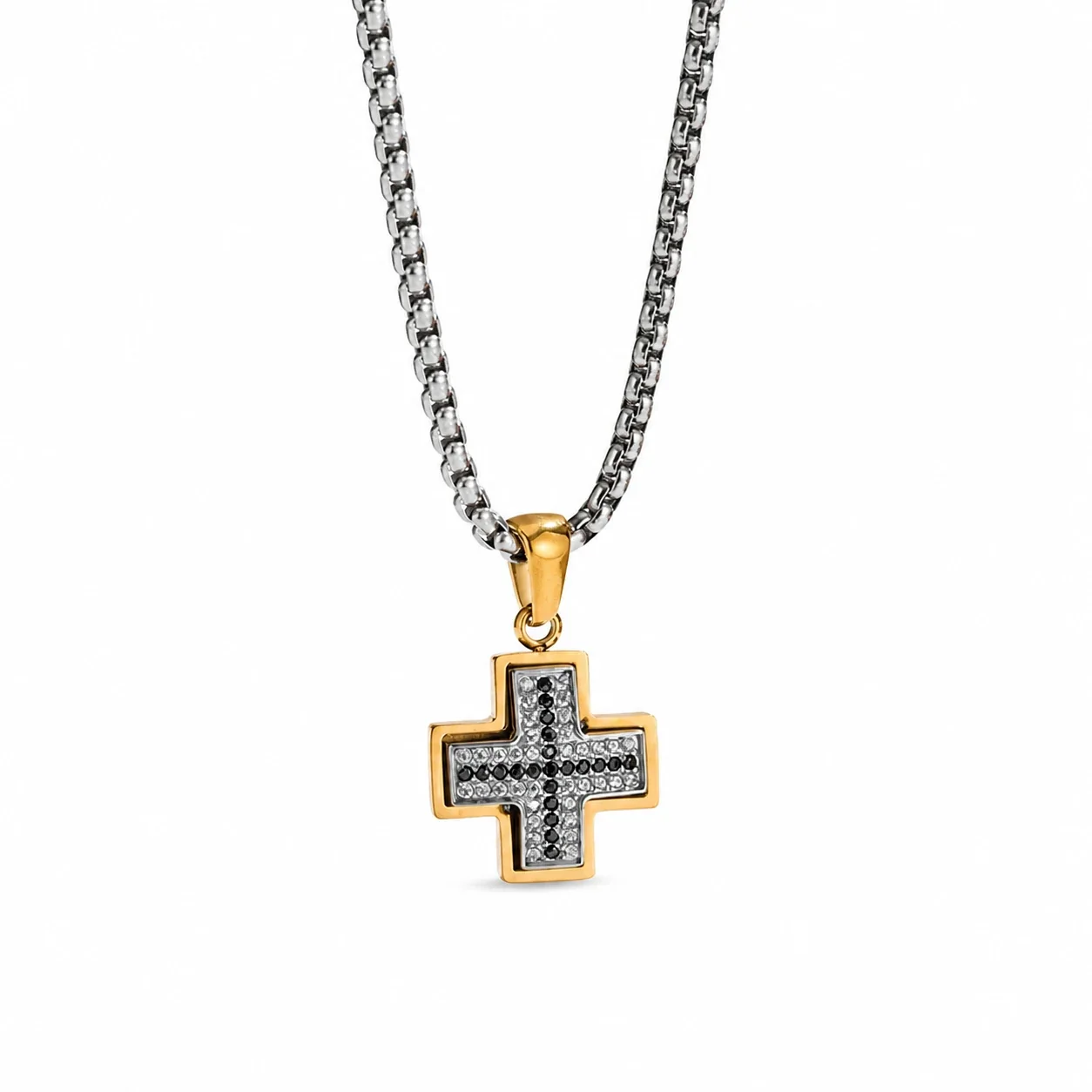 Iced 316 Stainless Steel Cross Pendant Necklace - Gold Black and White CZ