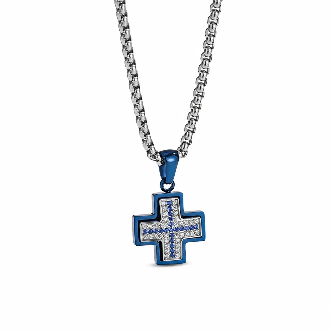 Iced 316 Stainless Steel Cross Pendant Necklace - Blue Blue and White CZ