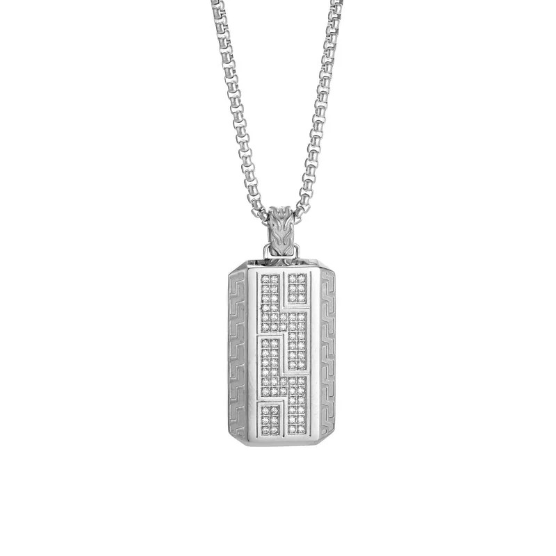 Bold 316 Stainless Steel Pavé Tag Pendant Necklace