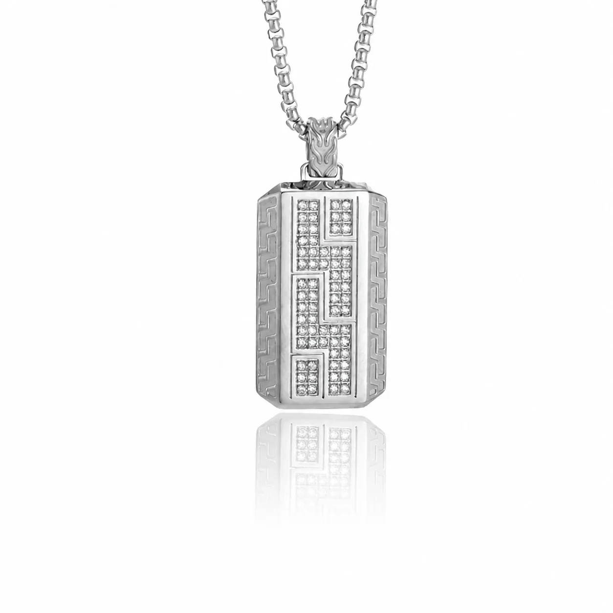 Bold 316 Stainless Steel Pavé Tag Pendant Necklace - Silver Pavé Tag