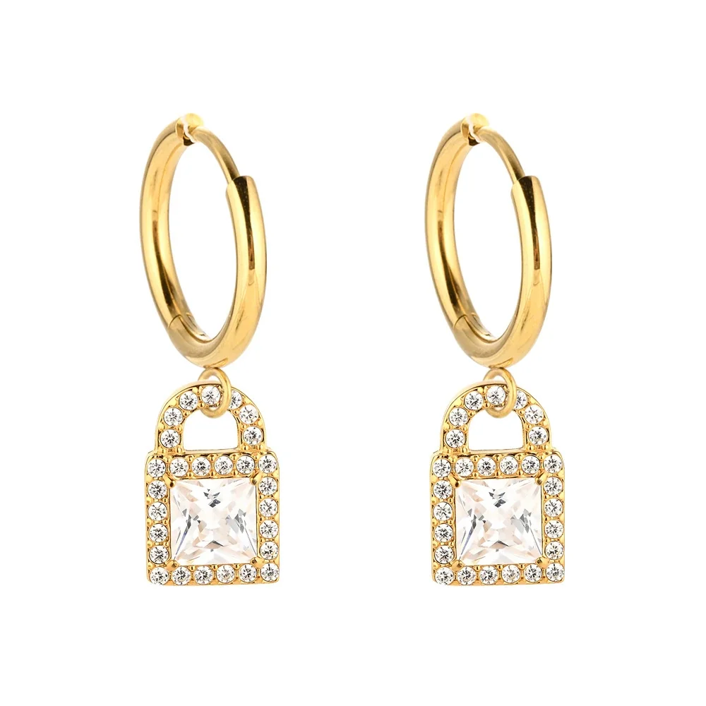 Polished 316 Stainless Steel Lock CZ Hoop Earrings