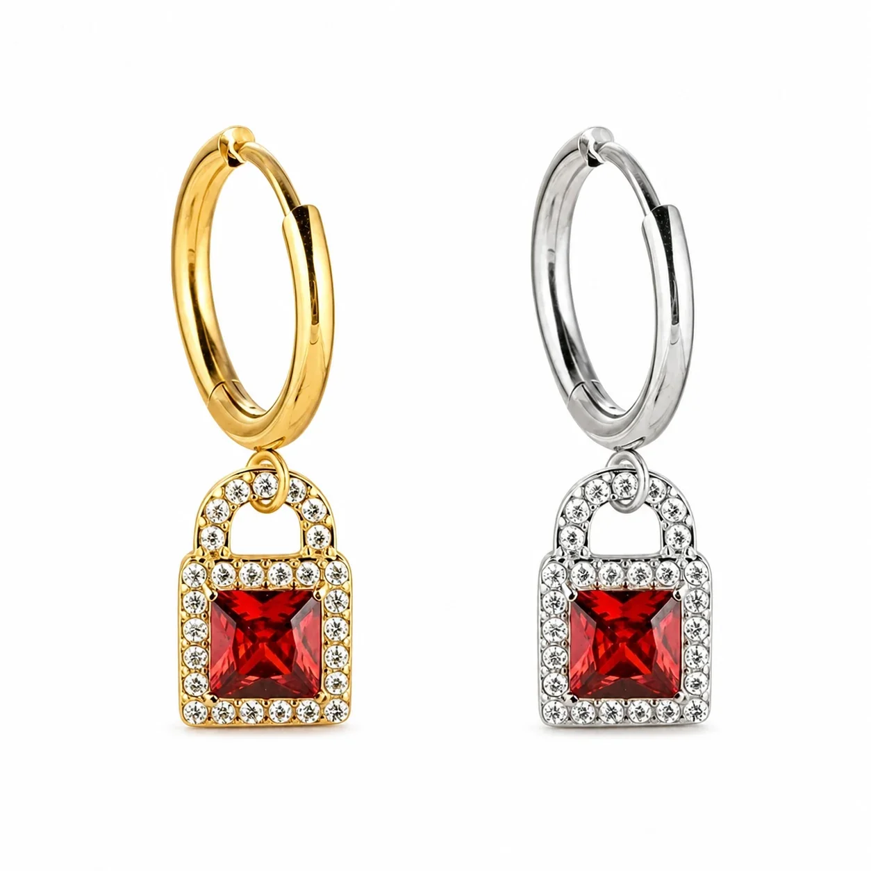 Polished 316 Stainless Steel Lock CZ Hoop Earrings