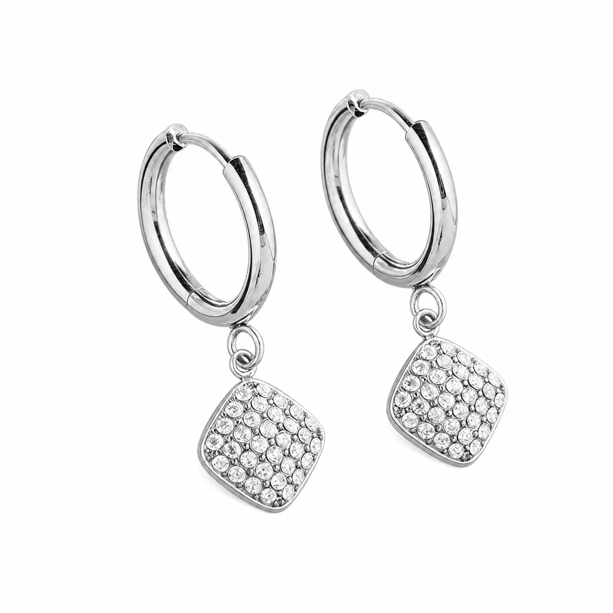 Polished 316 Stainless Steel Lock CZ Hoop Earrings