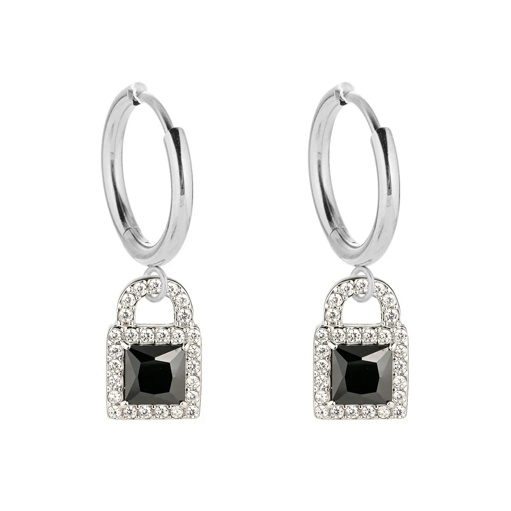 Polished 316 Stainless Steel Lock CZ Hoop Earrings - Gold Blue CZ Lock
