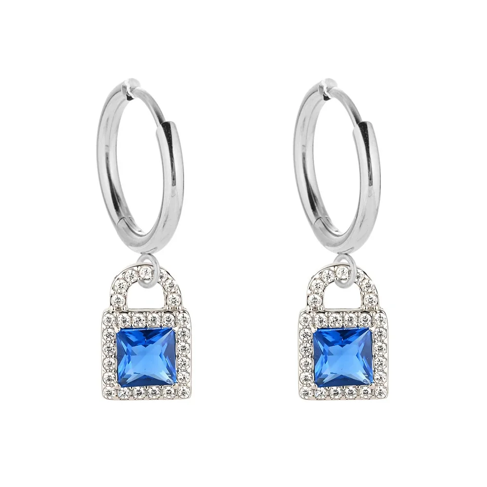 Polished 316 Stainless Steel Lock CZ Hoop Earrings - Silver Pink CZ Lock