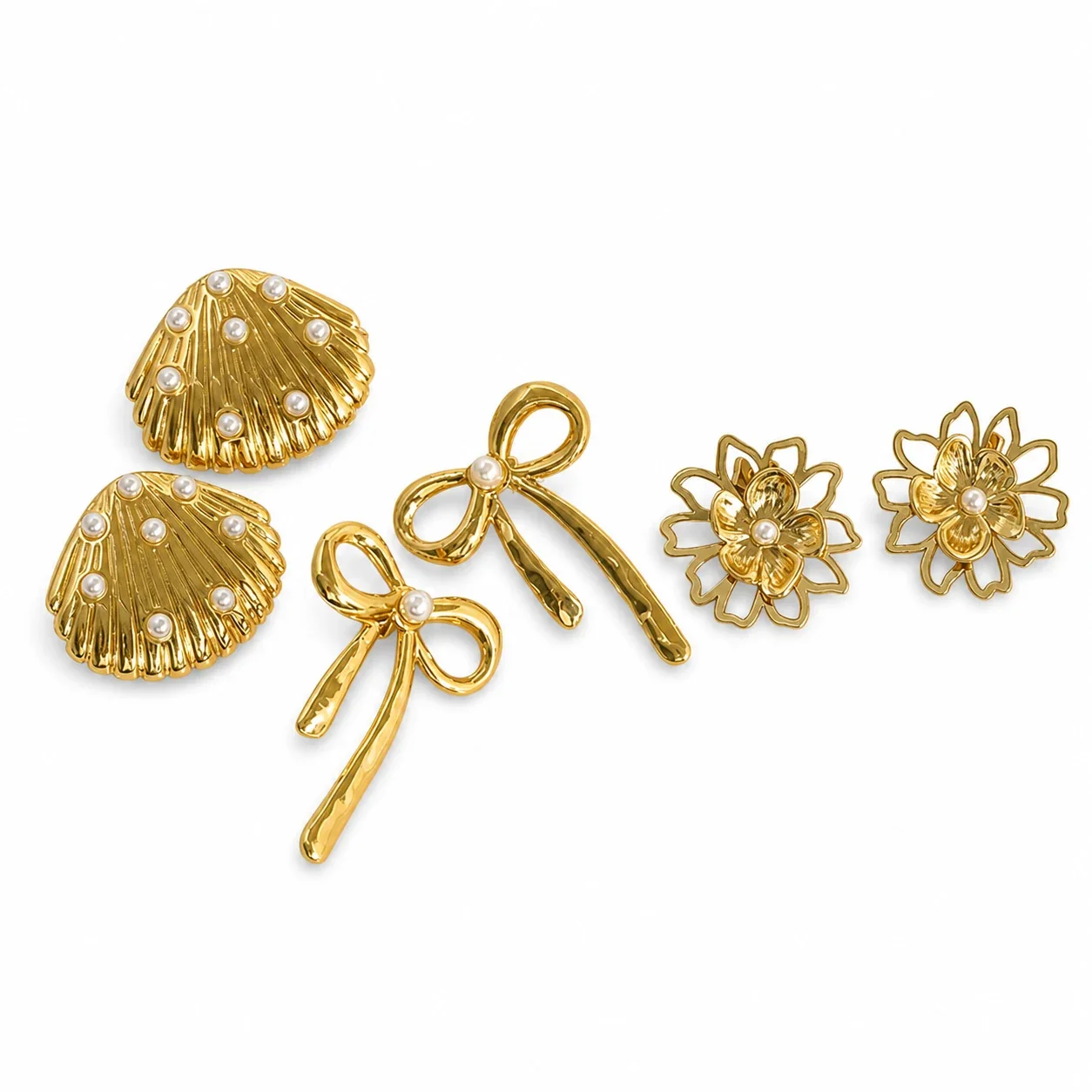 Radiant 18K Gold-Plated Shell Bow Flower Stud Earrings