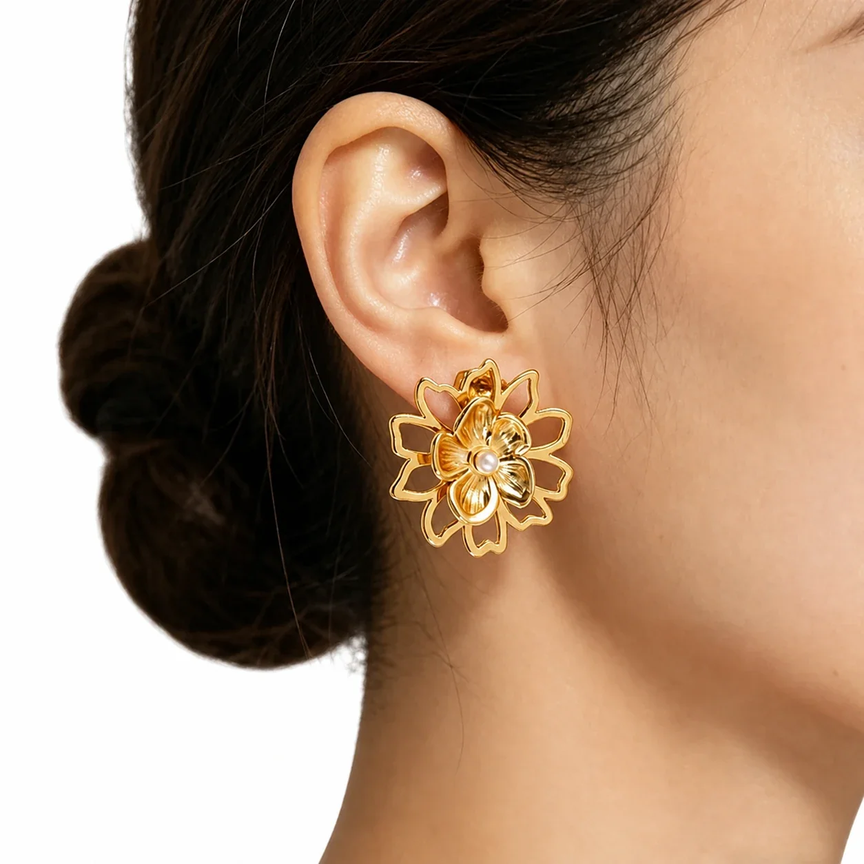 Radiant 18K Gold-Plated Shell Bow Flower Stud Earrings