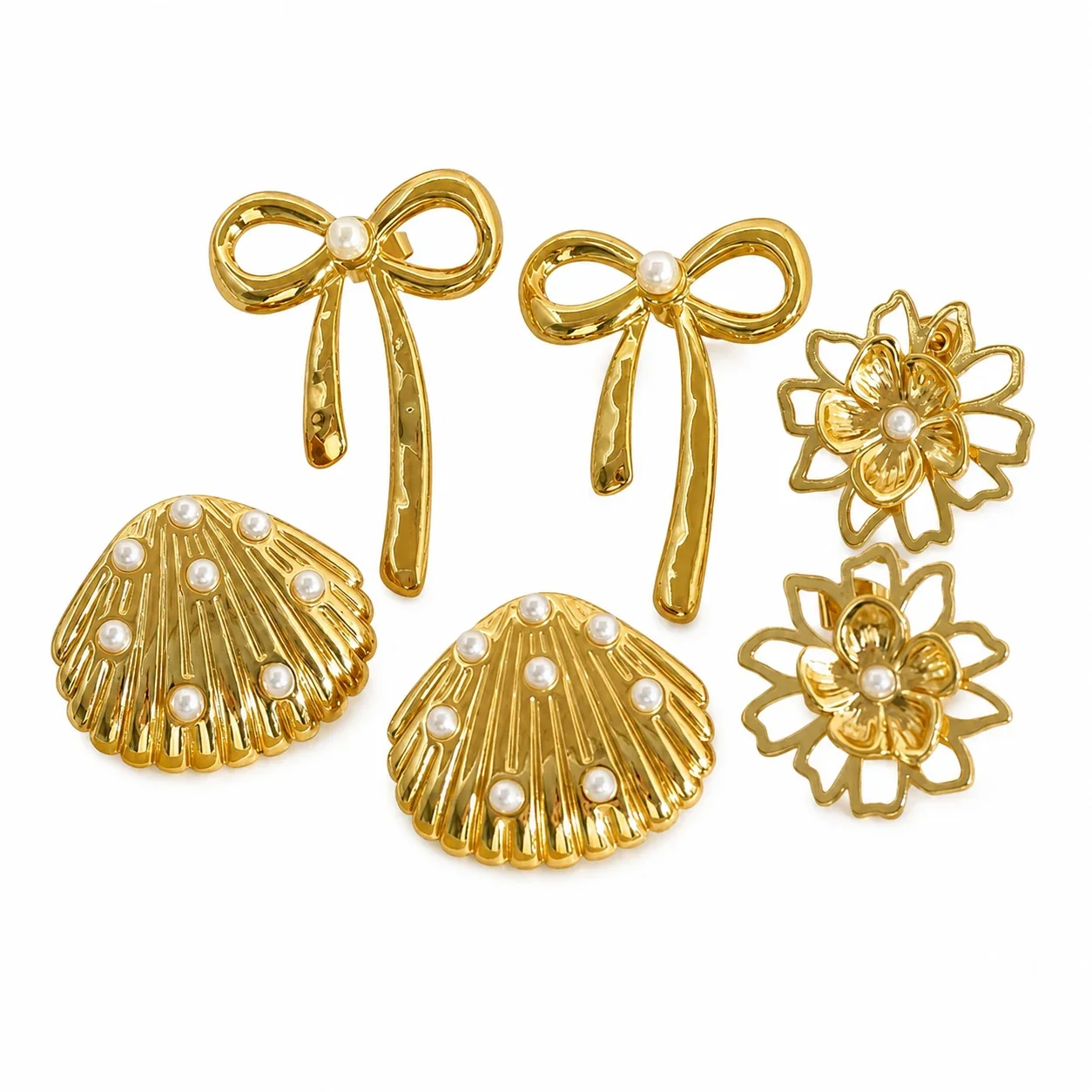 Radiant 18K Gold-Plated Shell Bow Flower Stud Earrings