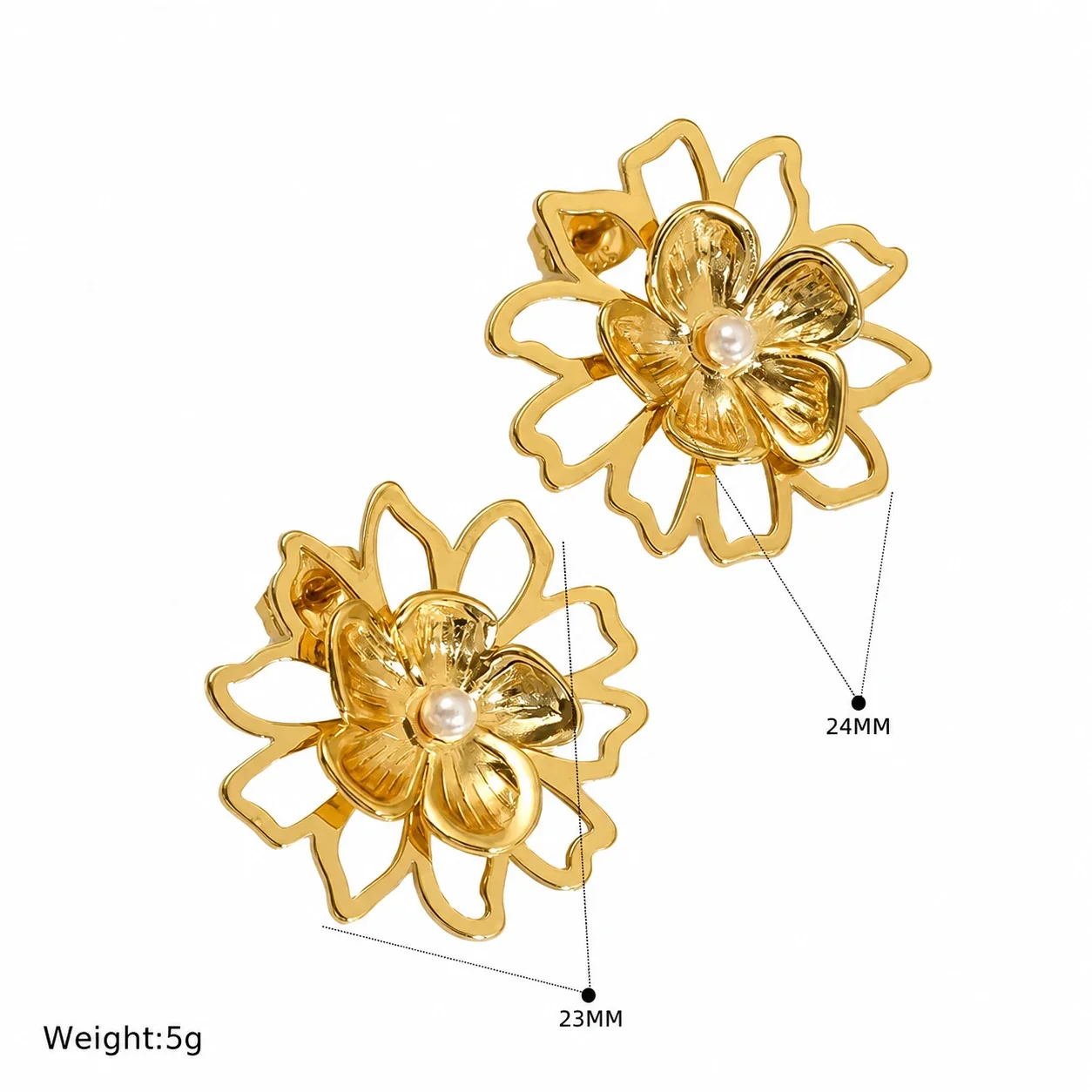 Radiant 18K Gold-Plated Shell Bow Flower Stud Earrings - Gold Flower