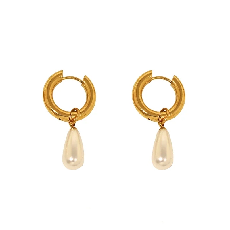 Polished Gold-Plated 316 Steel Huggie Hoop Pearl Drop Earrings