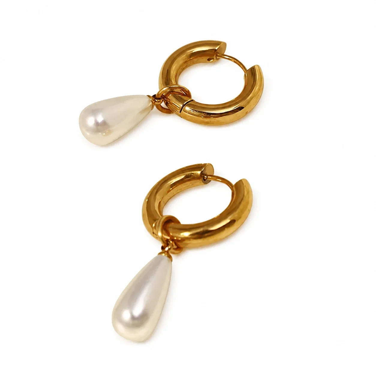 Polished Gold-Plated 316 Steel Huggie Hoop Pearl Drop Earrings