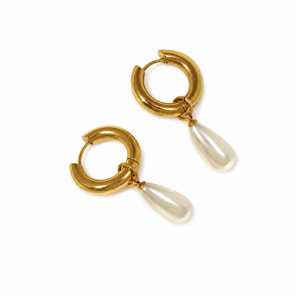 Polished Gold-Plated 316 Steel Huggie Hoop Pearl Drop Earrings