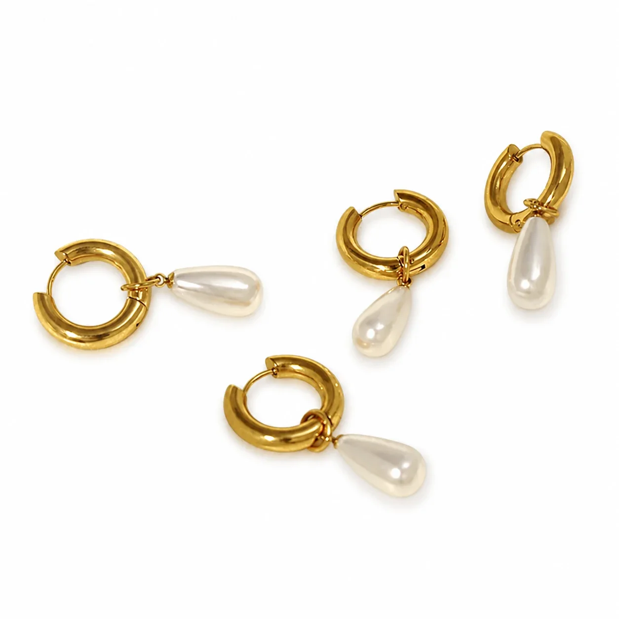 Polished Gold-Plated 316 Steel Huggie Hoop Pearl Drop Earrings