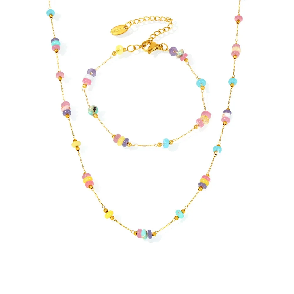 Playful Gold-Plated Stone Bead Cable Chain Jewelry Set