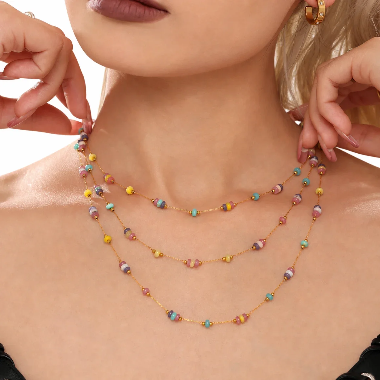 Playful Gold-Plated Stone Bead Cable Chain Jewelry Set