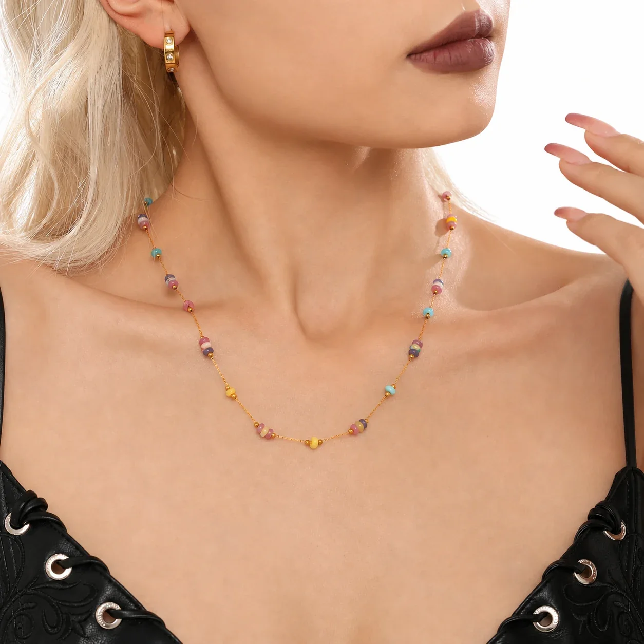 Playful Gold-Plated Stone Bead Cable Chain Jewelry Set
