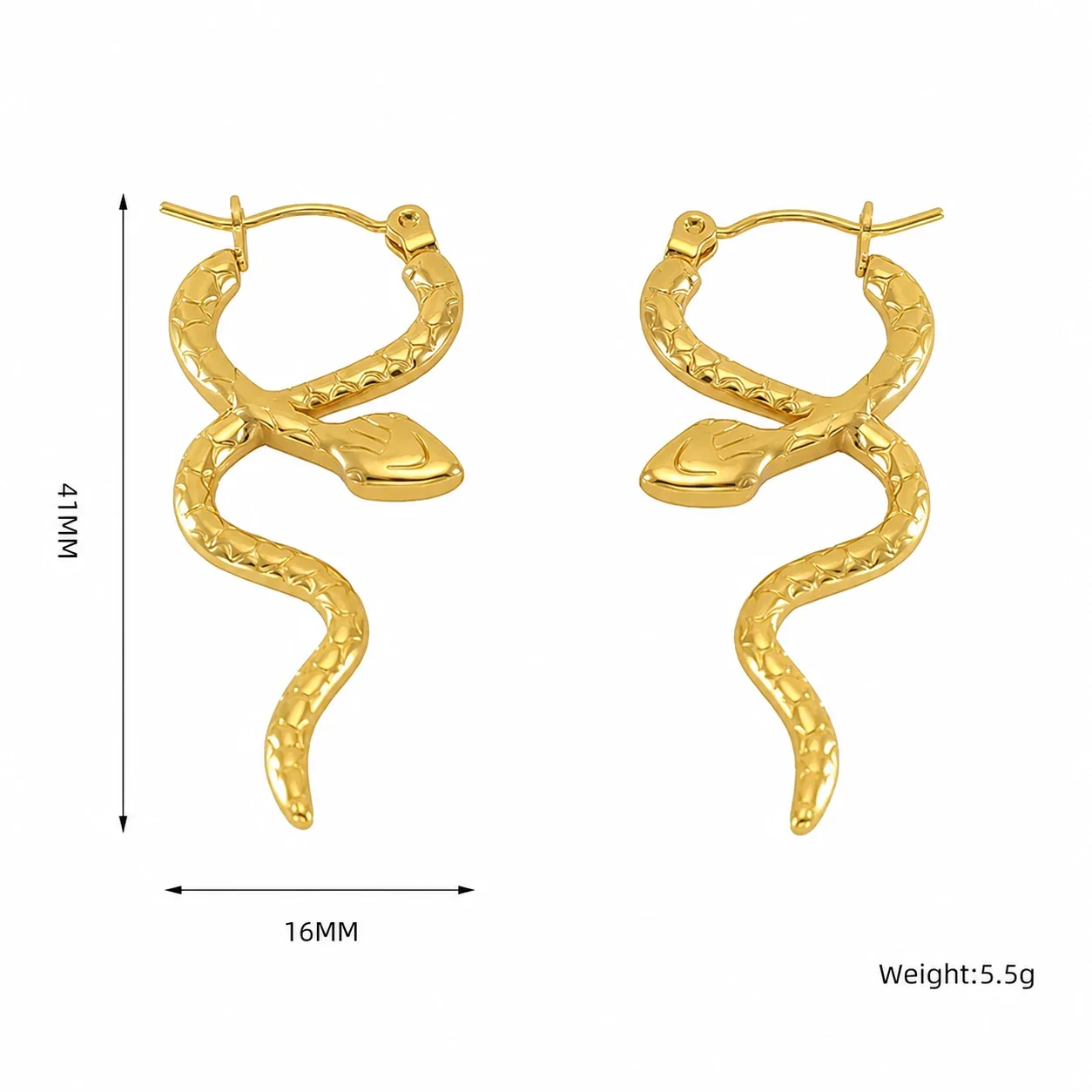 Bold 18K Gold-Plated Stainless Steel Snake Hoop Drop Earrings - Gold Textured Snake