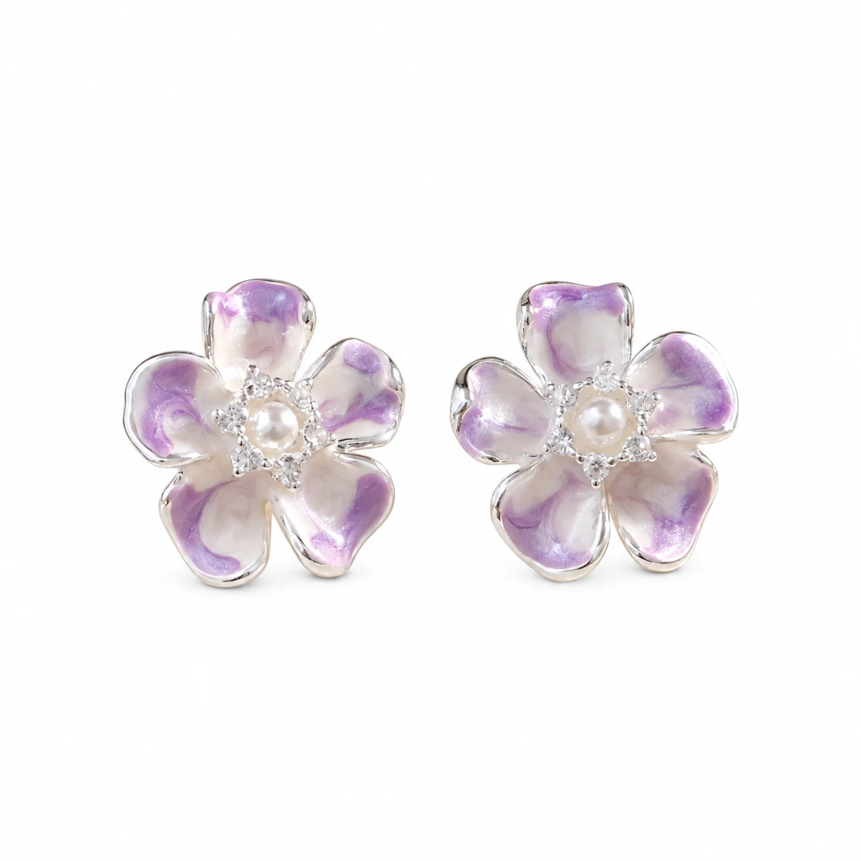 Enamel Flower Copper Stud Earrings - Silver / Lilac