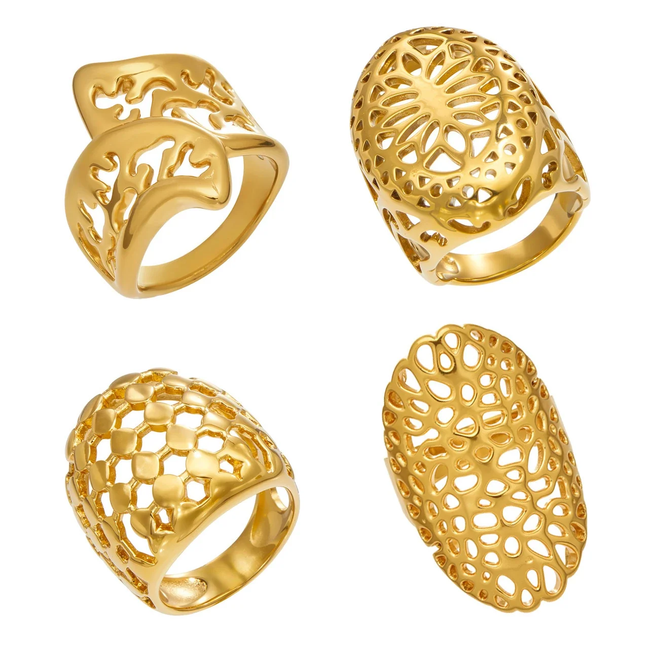 Ring Organic Openwork Brede Band Goud PVD Roestvrij Staal