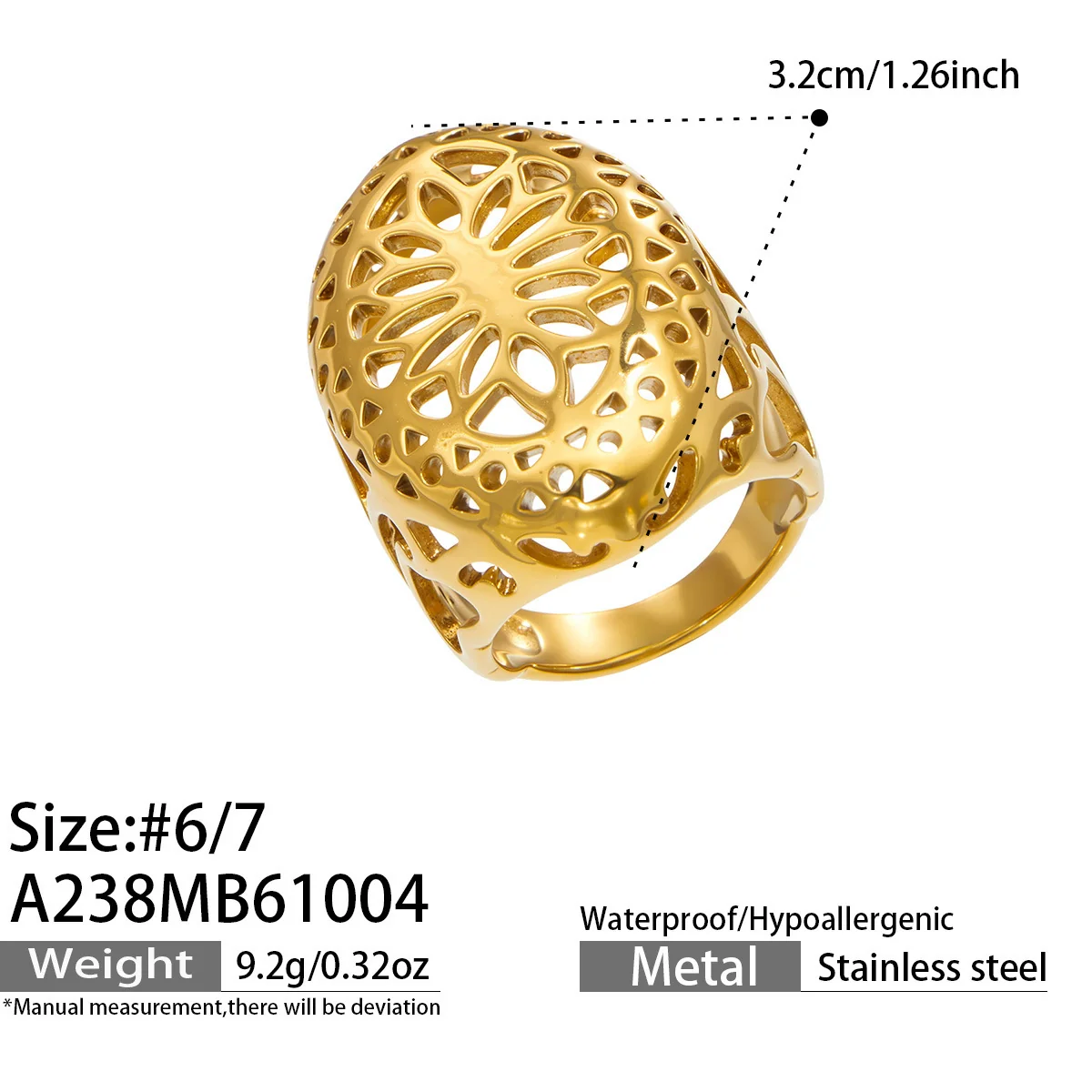 Ring Organic Openwork Brede Band Goud PVD Roestvrij Staal productfoto